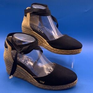 Viscata Black Low Wedge Espadrilles Sandals Ankle Tie Ribbons - Size US 10